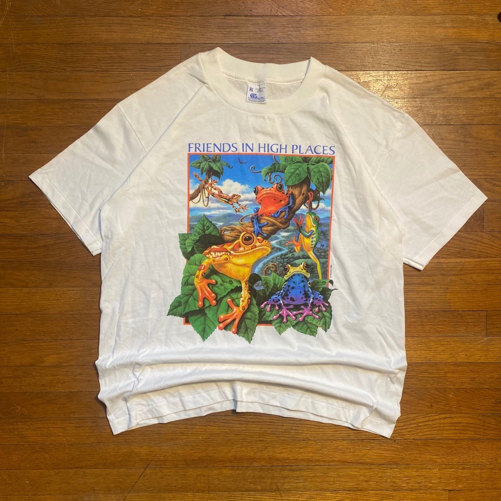 Vintage Human-i-Tees Friends in High Places Frog Shirt XL White Single Stitch